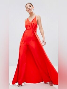 Formal Spaghetti Strap Maxi Dress / Jumpsuit with Skirt In Vibrant Orange-Red